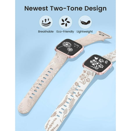 Wearlizer 2 Packs Floral Engraved Band Compatible with Versa 2 Bands for Women, Two-Tone Flower Soft Silicone Sport Strap for Versa/Versa 2/Versa Lite/Versa SE Smart Watch