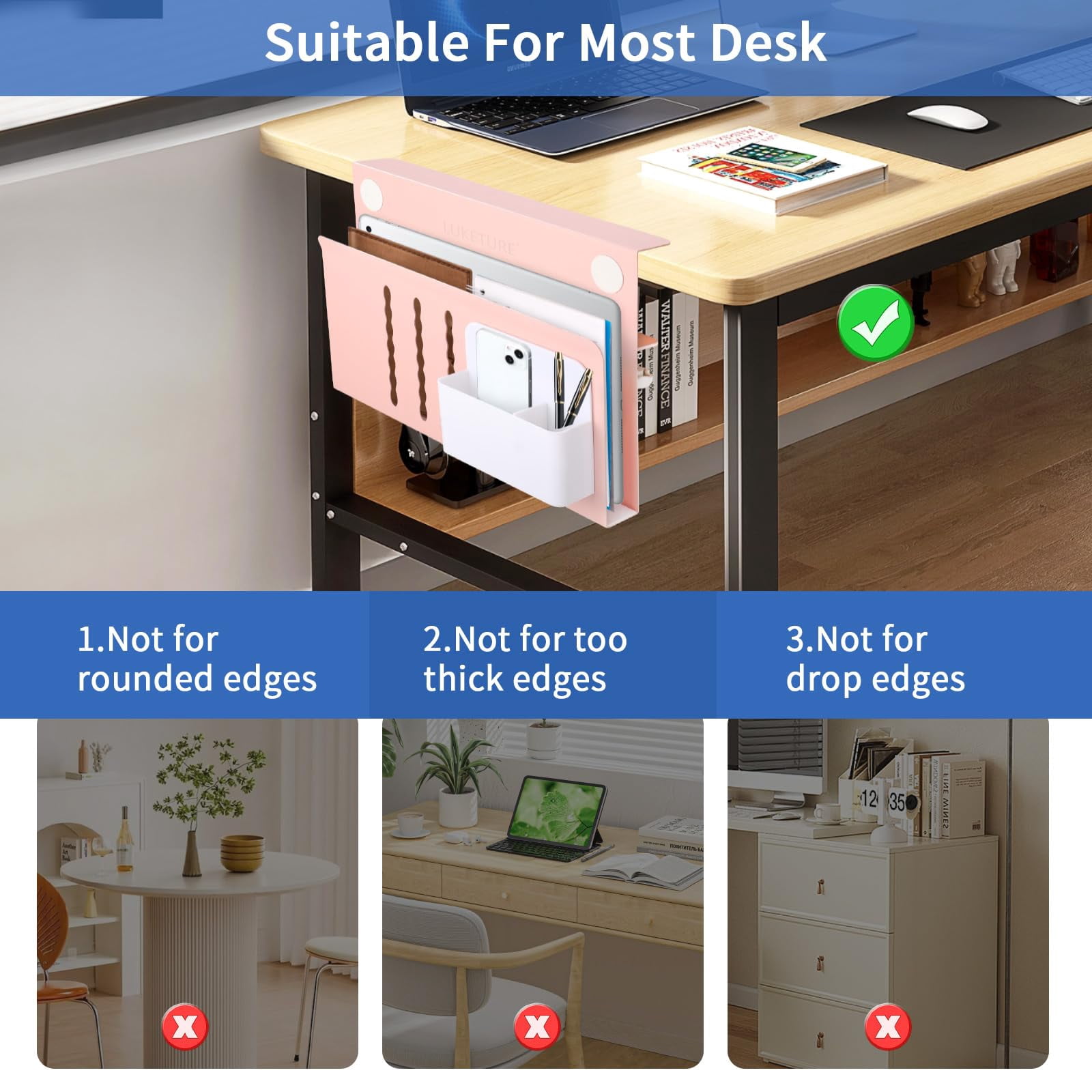 Desk Side Storage  Steel Organizer No Drill Workspace Organizers Clamp On Computer Accessories With Magnetic Pen Holder Fits Flat Edge Tables 0.3" To 2.8"