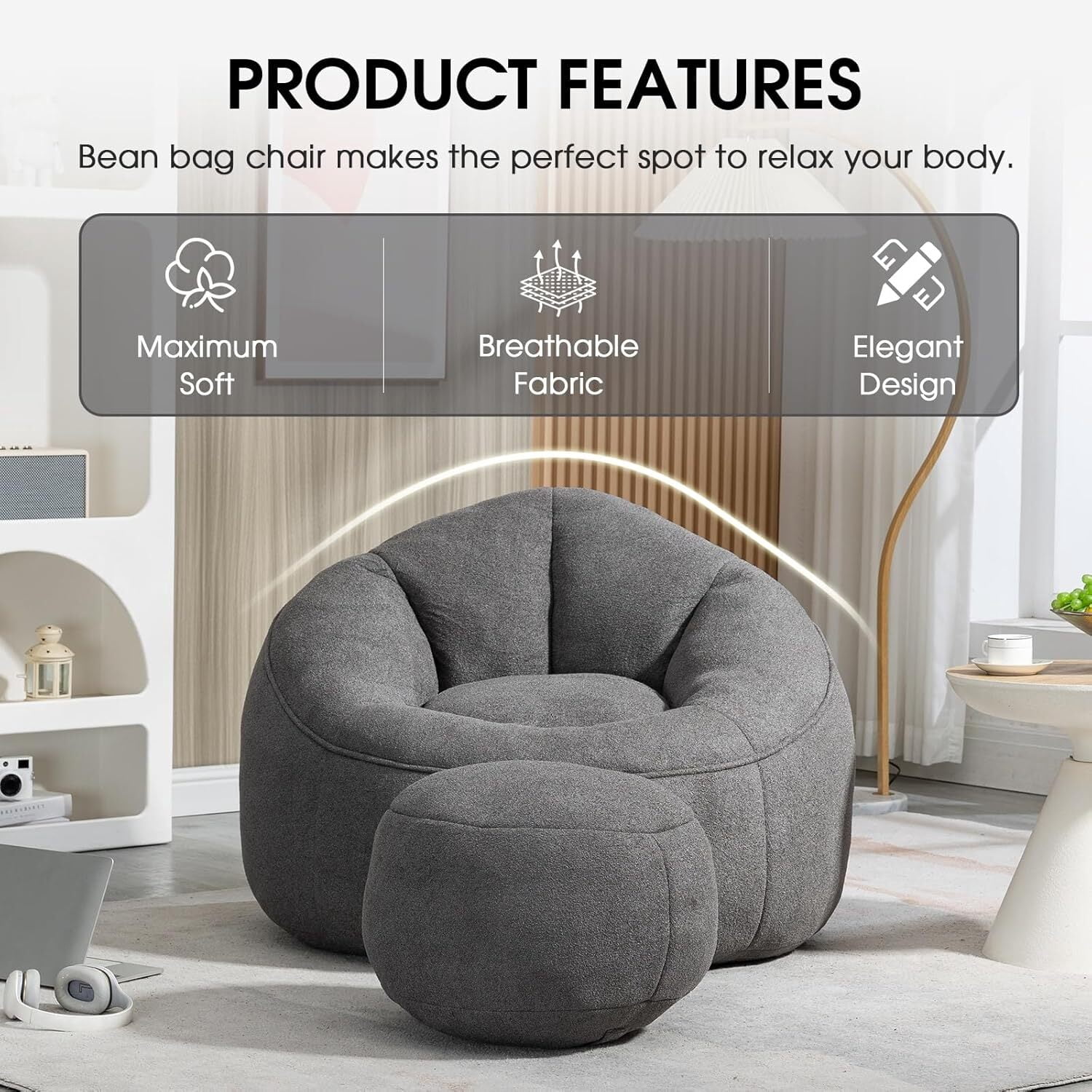 AENKYO Bean Bag Chair Shell-Shaped with Footstool, Memory Foam Microfiber Sofa for Adults - Grey