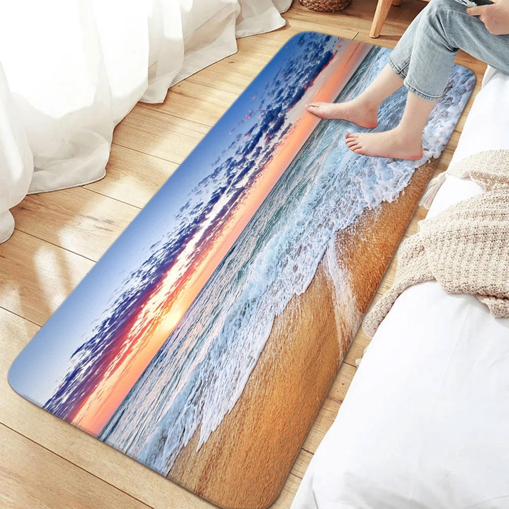Ocean Bathroom Rugs, Sand Beach Waves Sunrise Lanikai Theme Colorful Offshore Pacific Scenry Non-Slip Bath Rugs, Bathroom Rug Mat 17X48inch, Extra Soft and Absorbent Bath Rugs