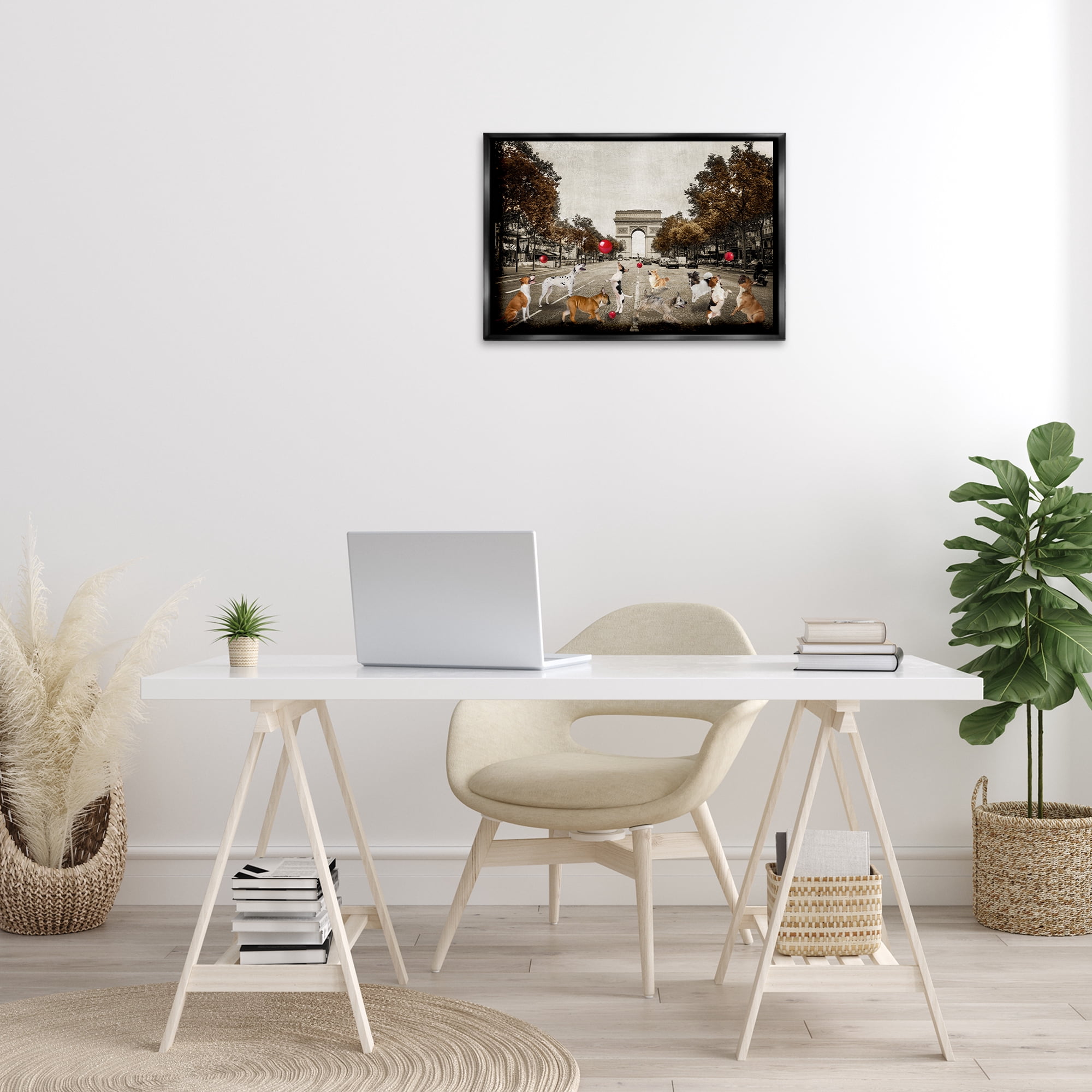 Stupell Industries Dogs Playing Among Architecture Animals & Insects Painting Black Floater Framed Canvas Art Print Wall Art, 25 x 17