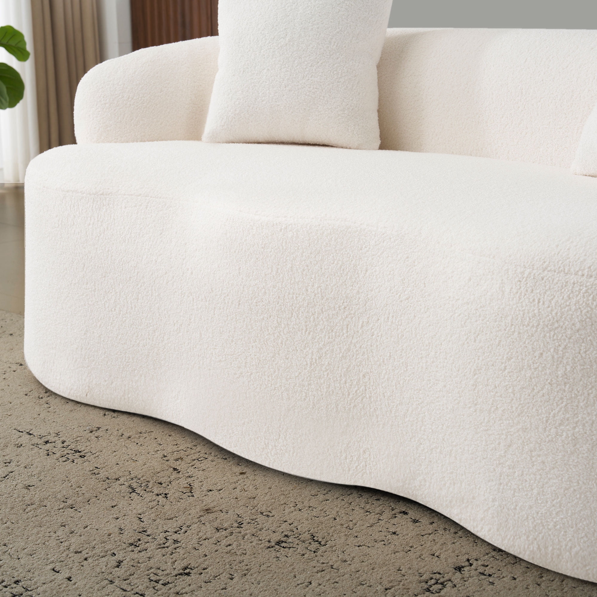 White Curved Loveseat Sofa with Round Armrest, Teddy Velvet Fabric Compression Couch with 2 Pillows, Cream Couch for Small Space, Living Room, Bedroom, No Assembly