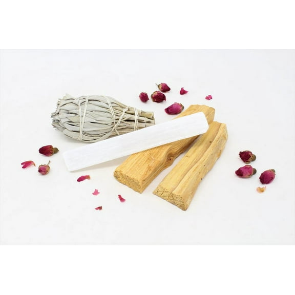 Smudge Cleansing Kit Bundle, Gift Set - 2 Palo Santo Sticks, 5" Selenite Wand, White Sage. Crystal Cleansing Set, Sage Protection Set