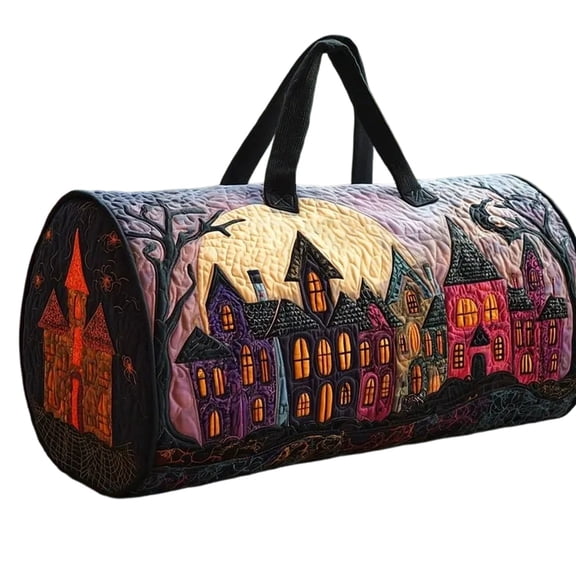 Unisex Halloween Haunted House Quilted Weekender Bag, Large Spooky Town Duffle Bag with Soft Handles, Lightweight Carry-on Luggage for Gym Yoga Weekend Travel