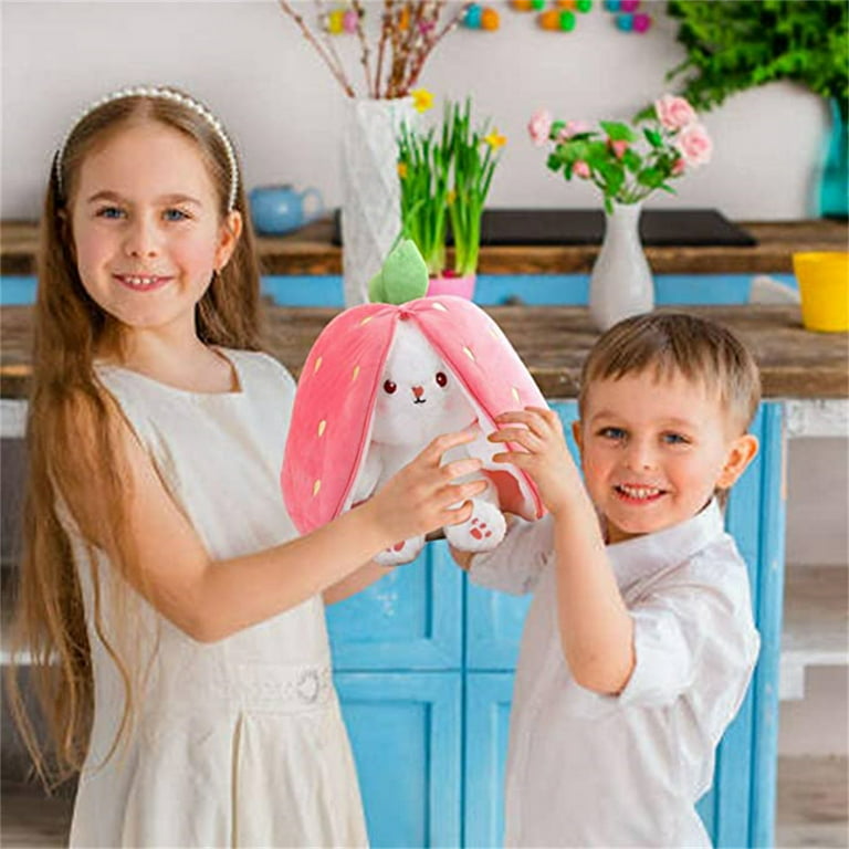 Cute Bunny Stuffed Animal, Reversible Strawberry Bunny Plush Toy With Zipper,  Soft Rabbit Pillow Doll Birthday Gift For Kids and Adults, 7.09in 