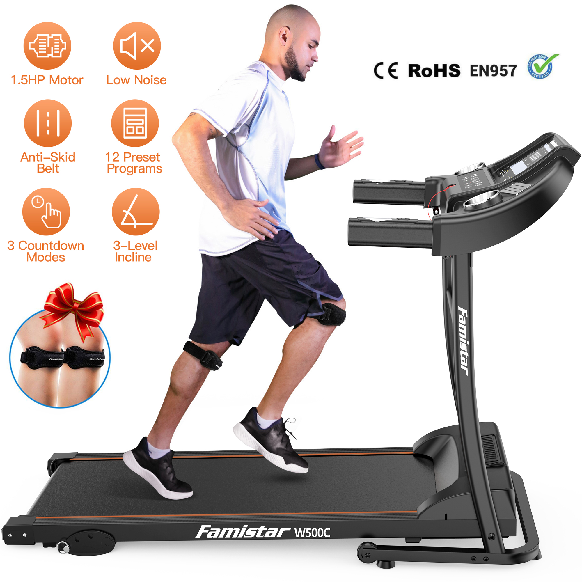 Famistar W500C 1.5HP Folding Electric Treadmill with 3 Level Manual Incline, Max 240LBS - image 4 of 11