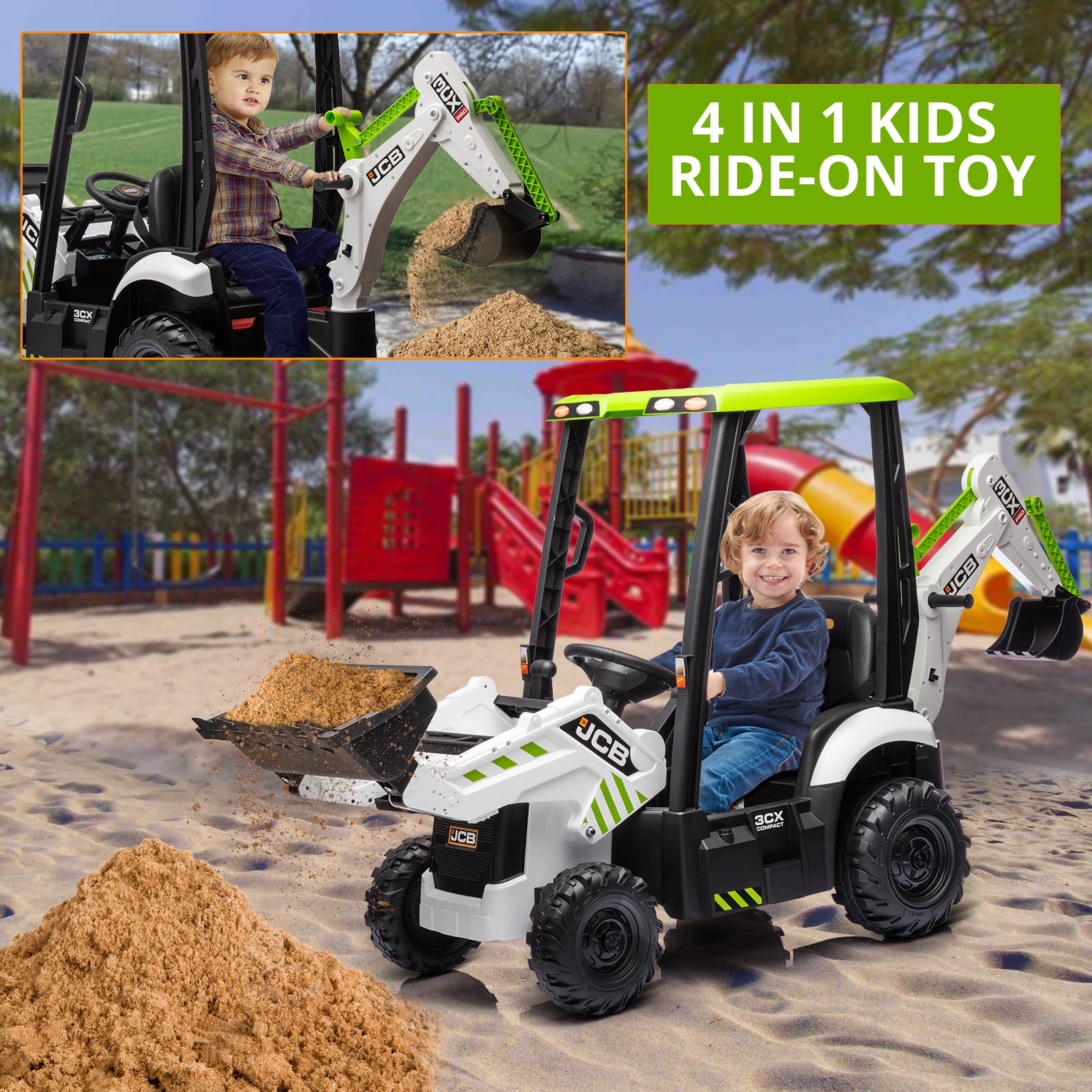 4-in-1 Transformable JCB Ride-on Excavator for Kids, 12v Remote Control Toy with Front Loader & Digger Functions,Kids Outdoor Toy Car, Engineering Truck