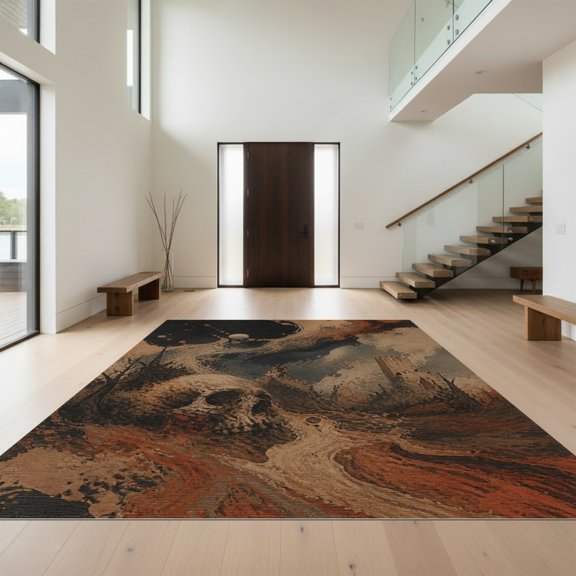 Design&I 8'x10' Washable Area Rug Earthy Tones Abstract Skull Art Surreal Landscape with Cosmic for Living Room, Family Extra Large Skid-Resistant Low Profile