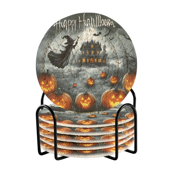 Halloween Pumpkins and Witch Drink Coasters with Holder Absorbent Coaster for Coffee Table Room Decor 6 Pack