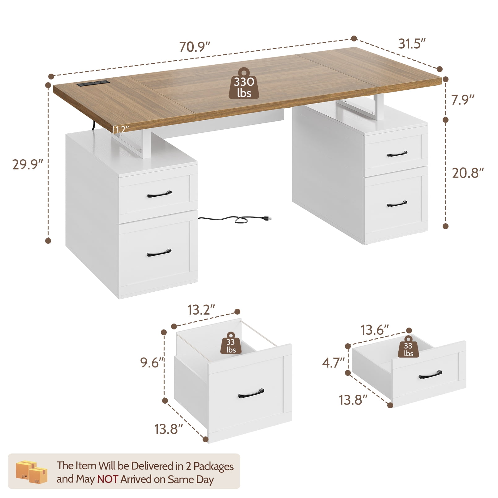 Vividwood Executive Desk — 70'' Home Office Computer Desk with Drawers, Desk with Adjustable File Drawer, Privacy Panel, Built-in Power Outlets