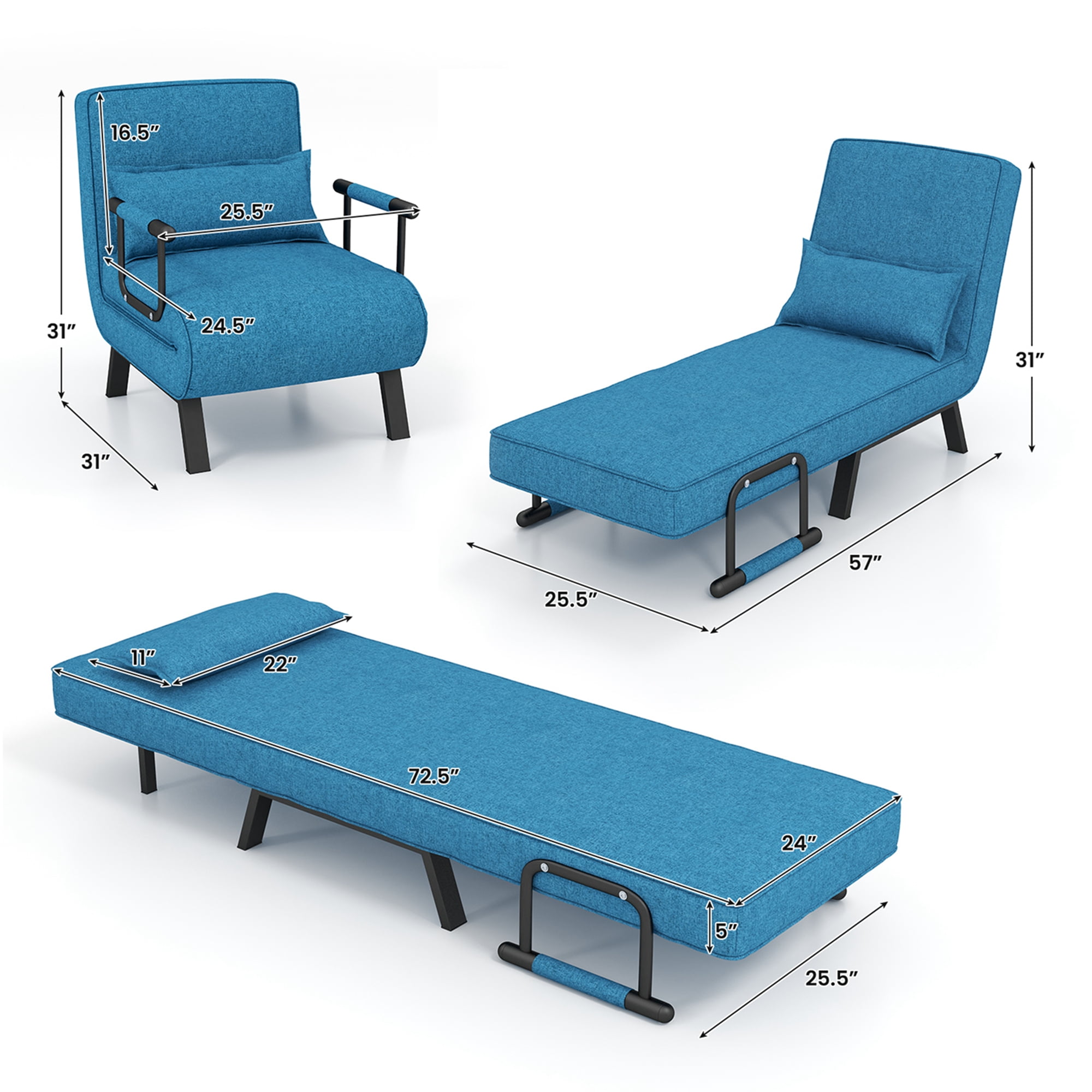 Costway Folding 5 Position Convertible Sleeper Bed Armchair Lounge Couch w/ Pillow Blue