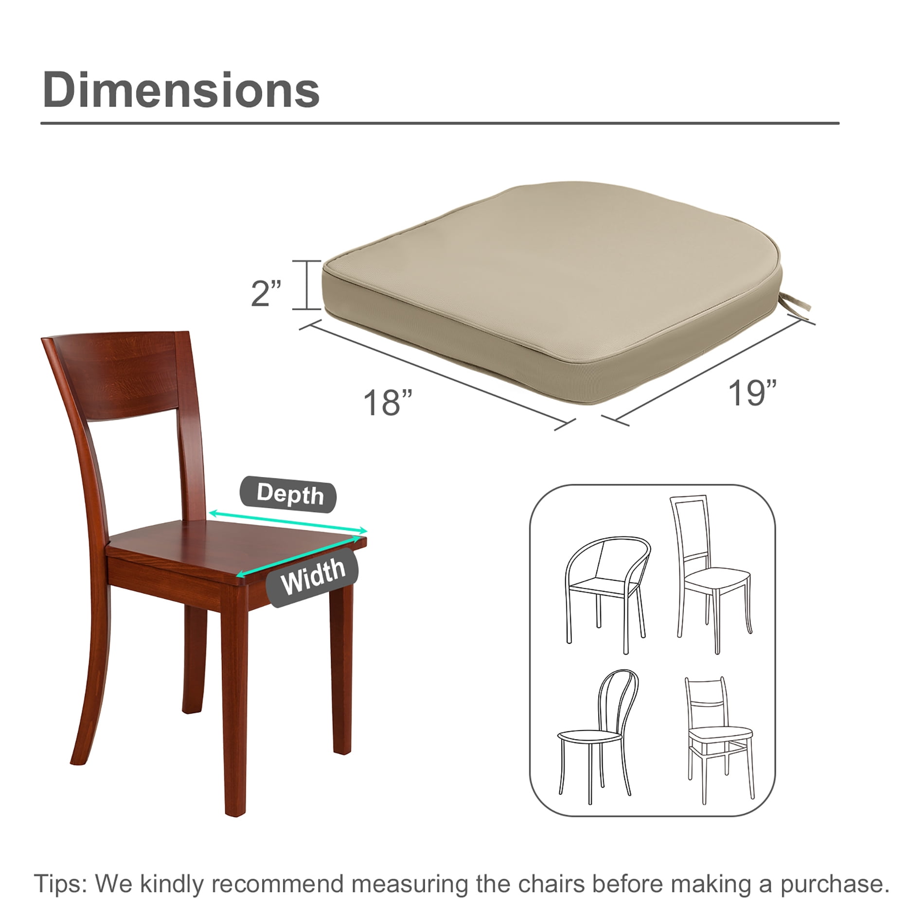 Aoodor 18"x19" Outdoor Chair Cushion, Fade-Resistant Polyester Chair Pads with Invisible Zipper & Adjustable Ties, Khaki, Set of 4