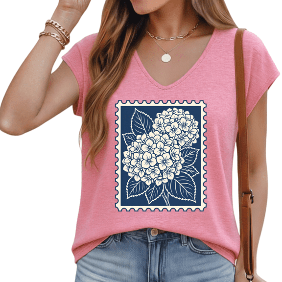 Cozymy Elegant Navy Blue Floral Sleeveless Tee, Detailed White Hydrangea Graphic V-Neck Summer Shirt
