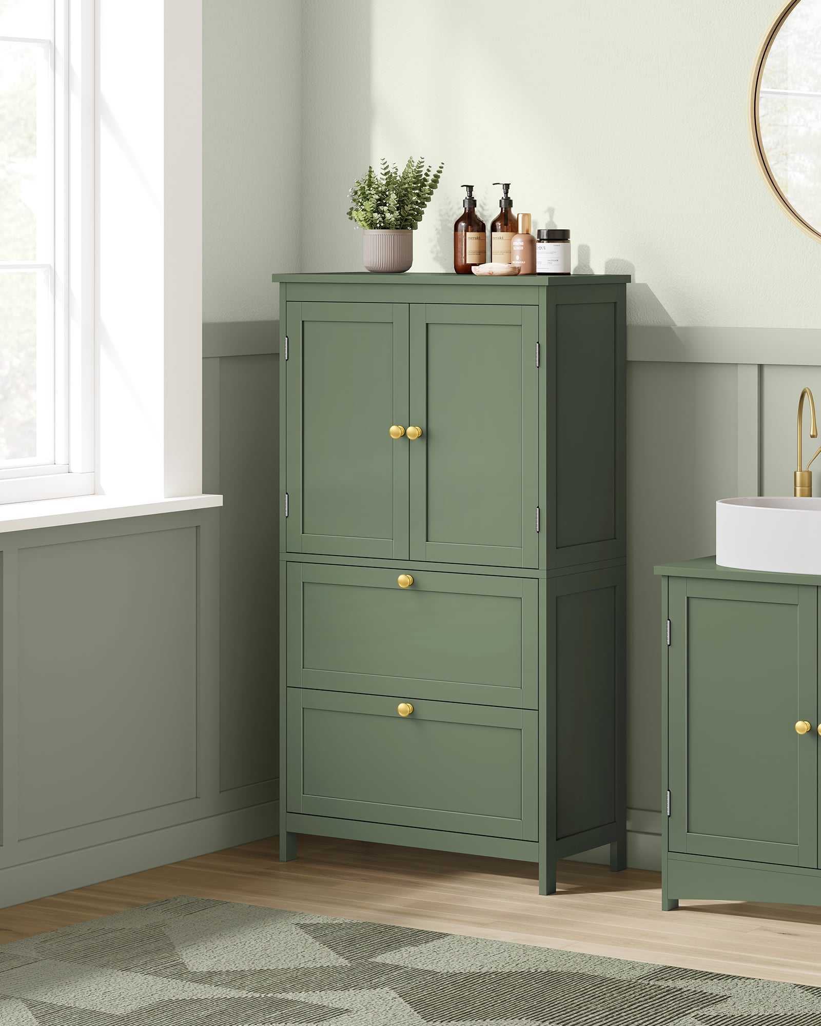 Floor Storage Cabinet,  Storage Unit, Freestanding  Cabinet with 2 Drawers and 2 Doors, Adjustable Shelf, 11.8 x 23.6 x 43.3 Inches, Forest Green