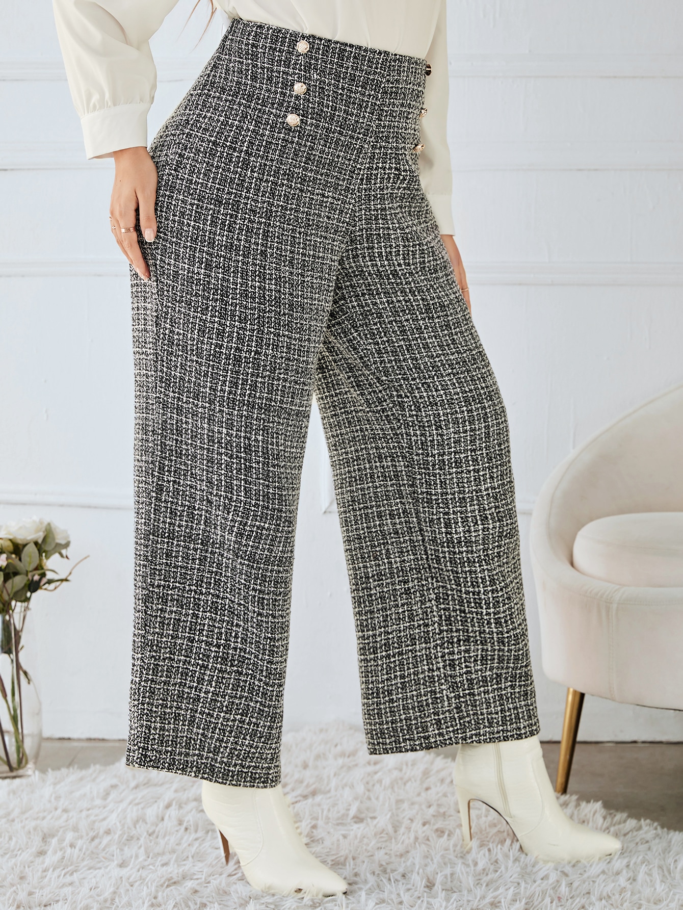 Women's Plus Plaid Pattern Fake Button 