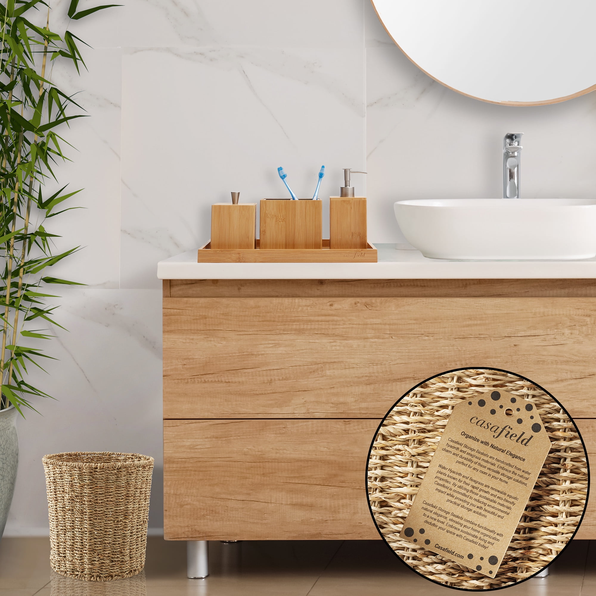 Casafield Seagrass Waste Basket - Natural, Woven Wicker Trash Can for Garbage in the Bathroom, Bedroom, Laundry Room, Home Office