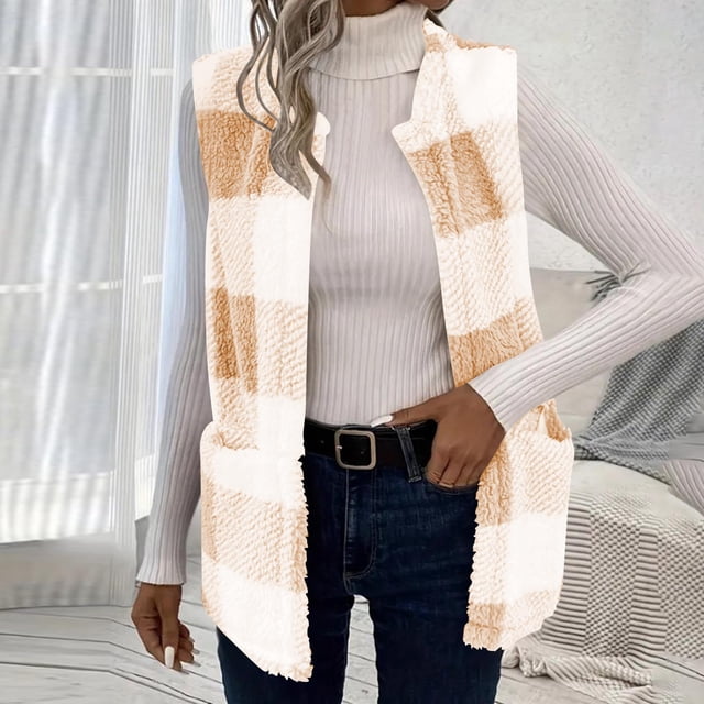 RBCKVXZ Womens Fuzzy Fleece Plaid Vests Sleeveless Open Front Jacket with Pockets Long Flannel Shacket Khaki M