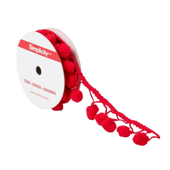 Simplicity Trim, Red 1 1/4 inch Jumbo Pom Pom Trim Great for Apparel, Home Decorating, and Crafts, 1 Yard, 1 Each
