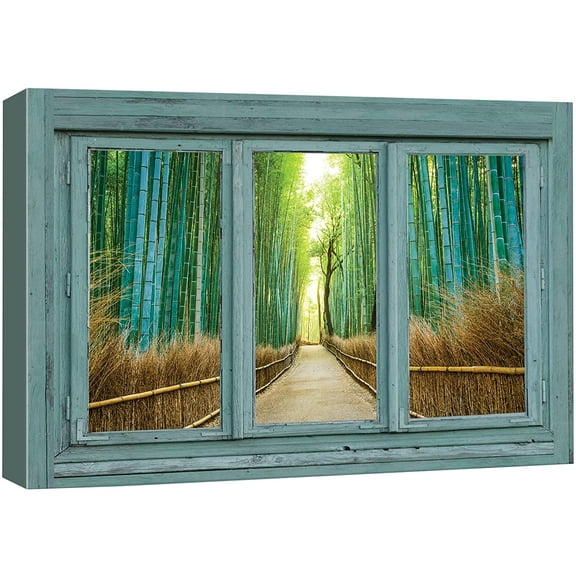wall26 Canvas Print Wall Art Window View of Japanese Bamboo Forest Path Nature Wilderness Photography Realism Rustic Landscape Colorful Vibrant for Living Room, Bedroom, Office - 16"x24"