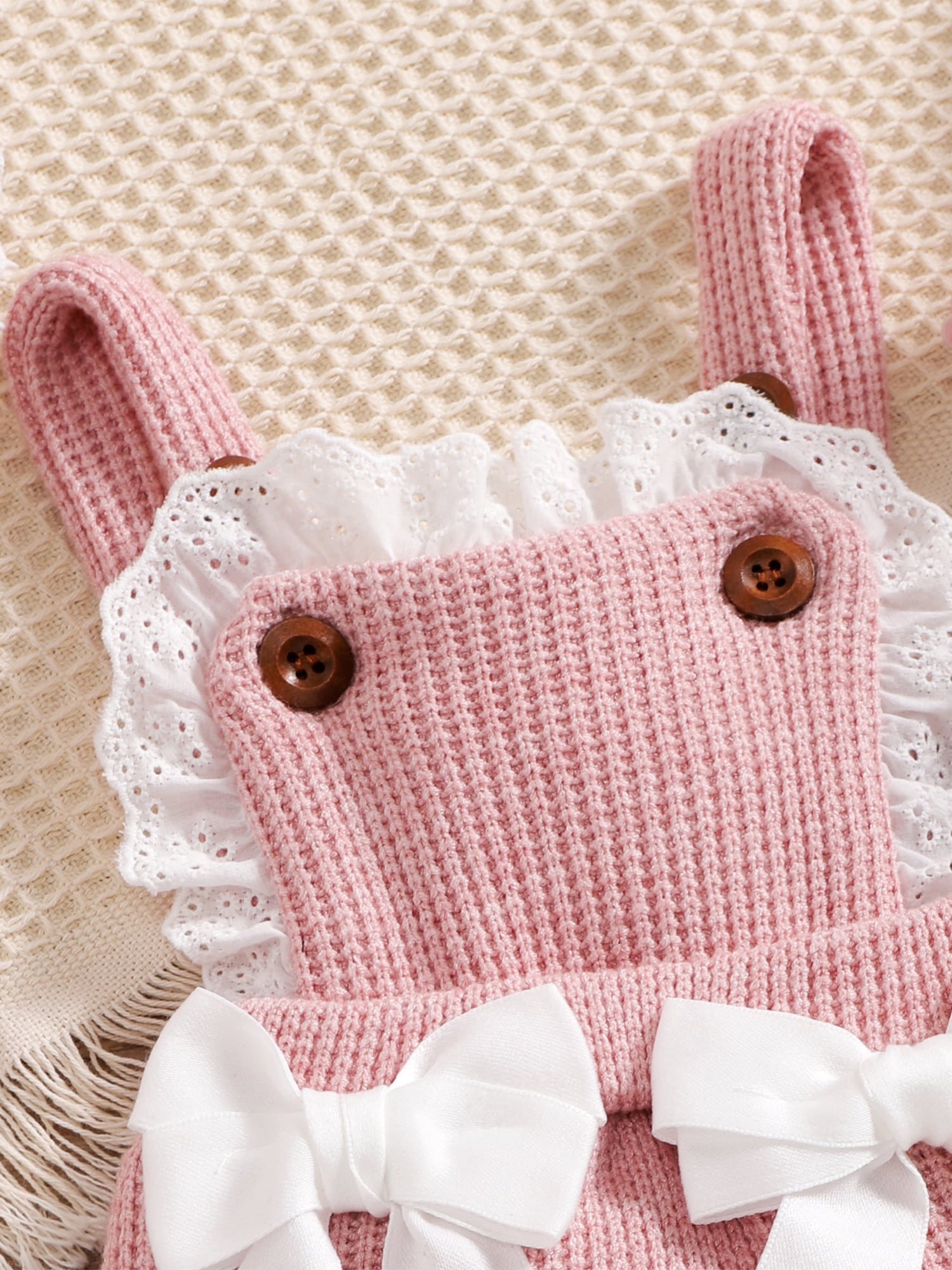 2pcs Baby Girl Pink Knitted Sleeveless Lace Bowknot Romper with Hat Set