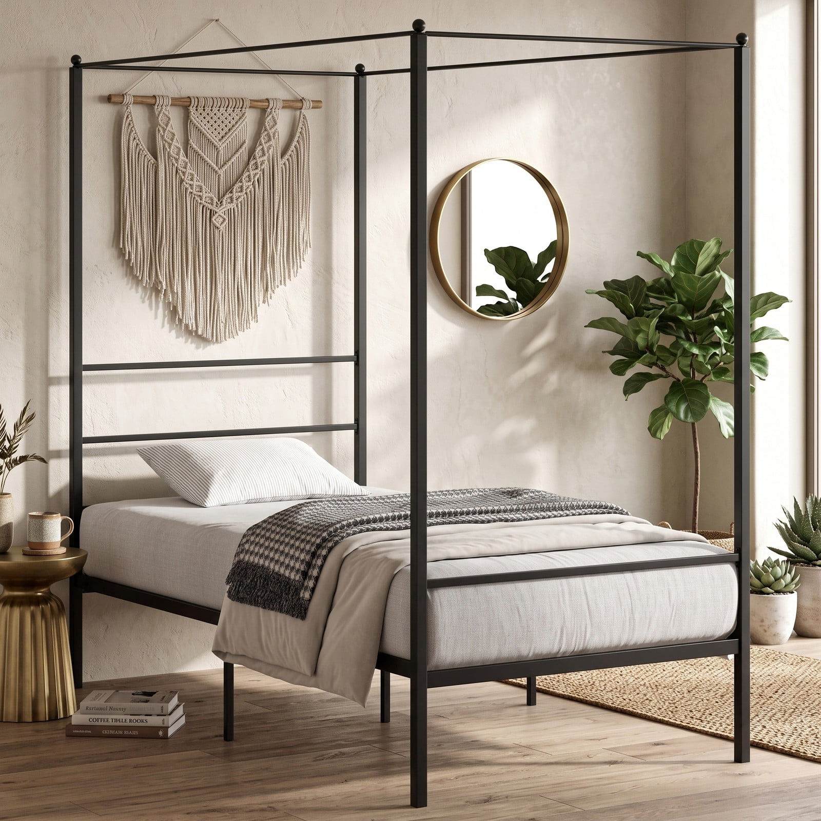 Furnibear Queen Bed Frame Metal Canopy Platform Bed Frame with Slat Support and 4 Posts for Bedroom and Guest Room, No Box Spring Needed, Black