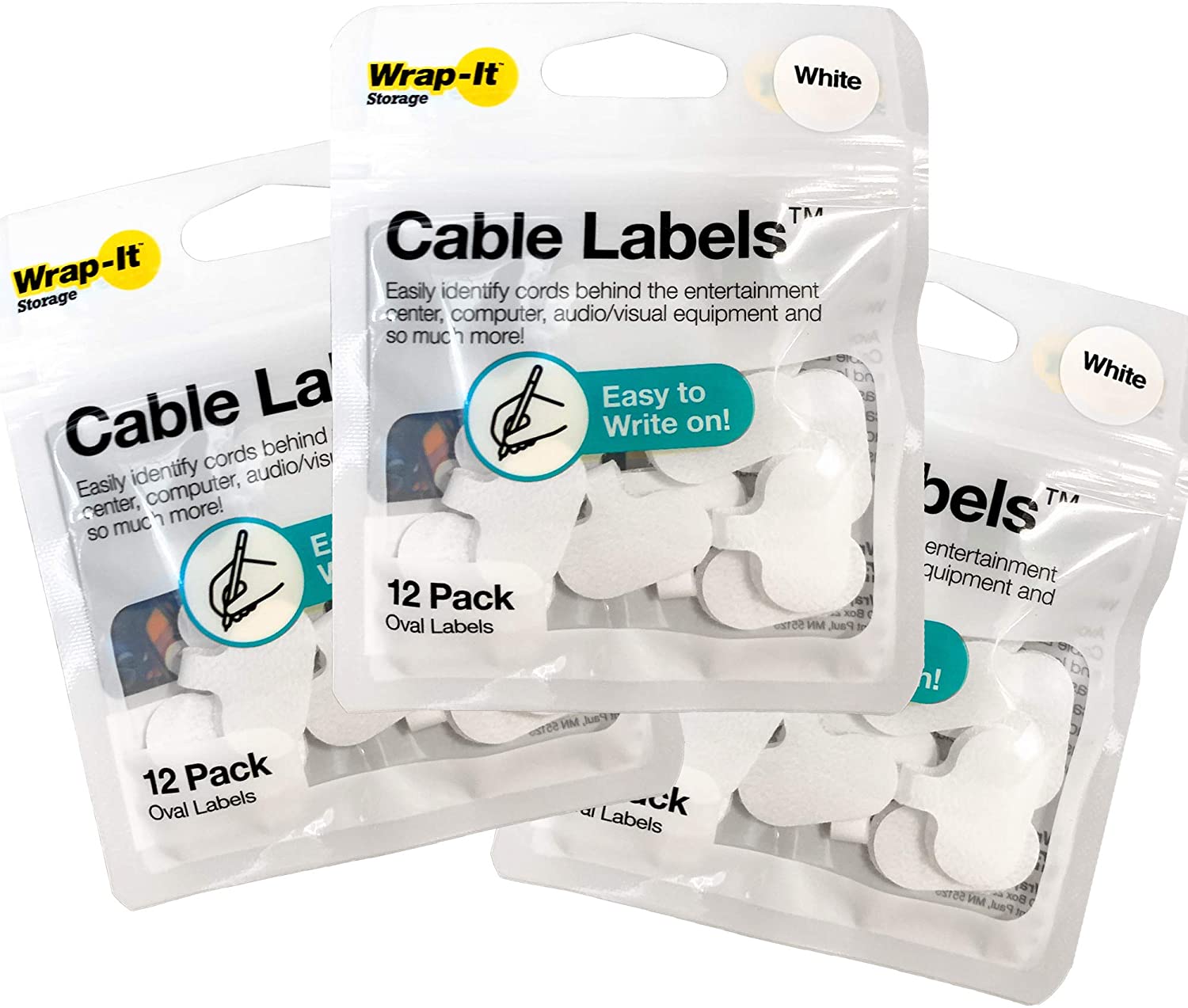 Cable Labels by WrapIt Storage, Oval, White (36 Pack) Write On Cord