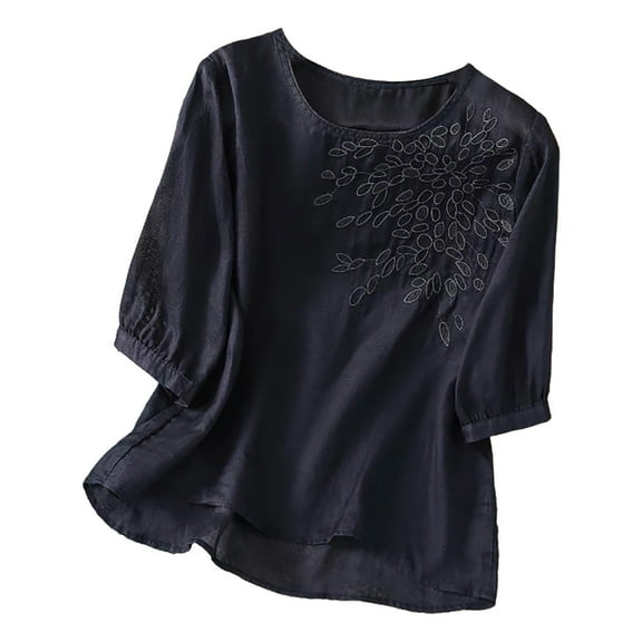 Cqxid525 Loose Fit Tees Blouses Women's Summer Short Sleeved Cotton and Linen Tops Embroidered Literary Retro Cotton and Linen Shirts T Shirts Slim Summer New Loose Shirts