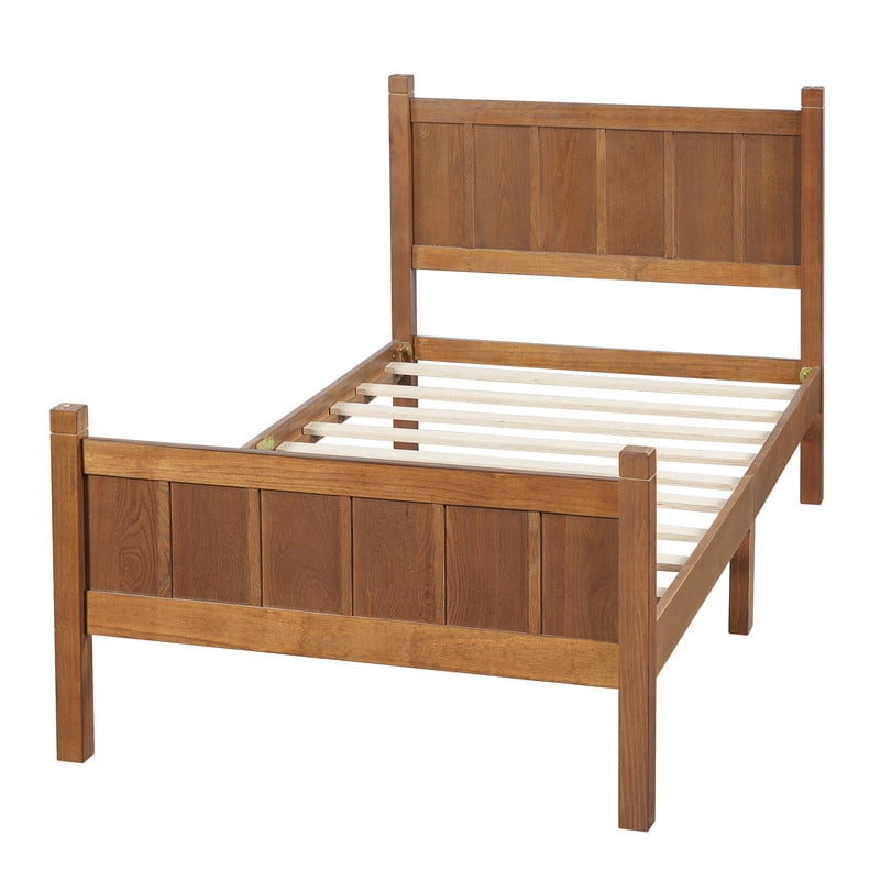 Twin Size Farmhouse Platform Bed with Flat Panel Designed Headboard & Footboard, Minimalist Wood Bed Frame with Under-Bed Storage