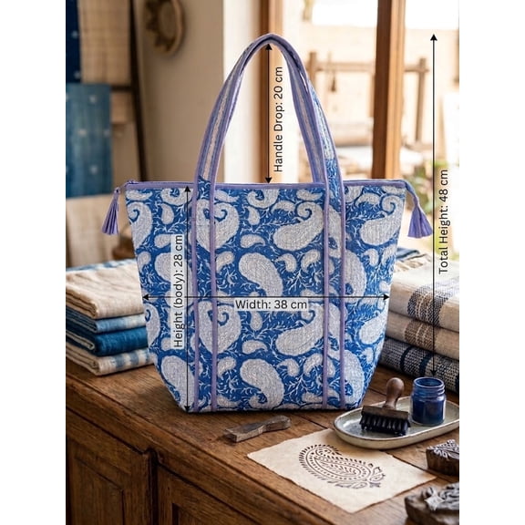 Blue Printed Tote Bag for Women – Stylish Shoulder Handbag with Spacious Design, Durable Fabric Everyday Bag for Travel Shopping