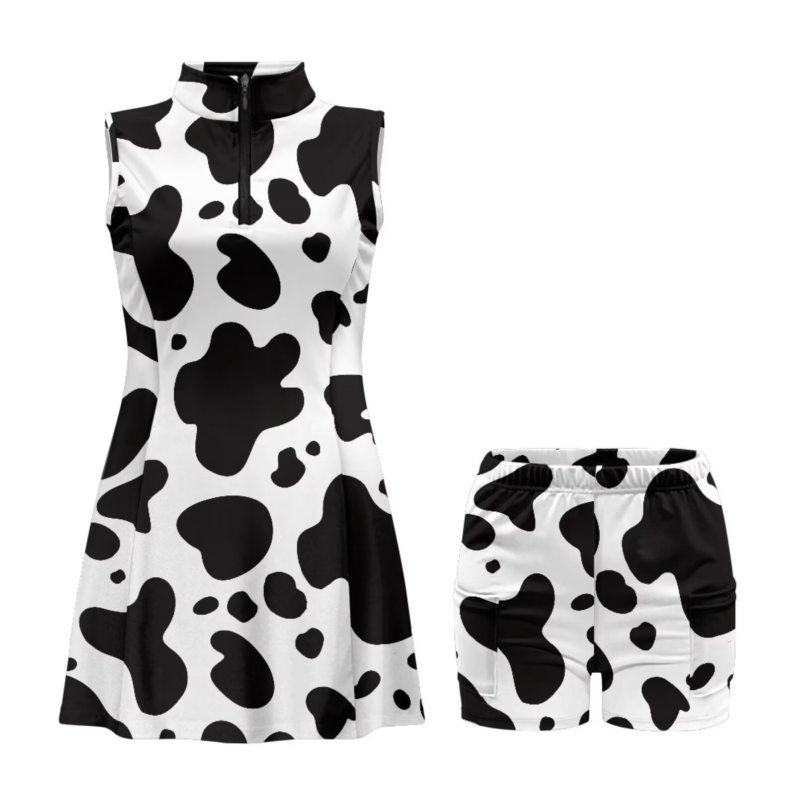 Yuyamidu Black White Cow Print Womens Golf Dress with Shorts Pockets Sleeveless Summer Outfits Golf Athletic Tank Dresses Moisture Wicking Womens Athletic Clothing Sets Size M
