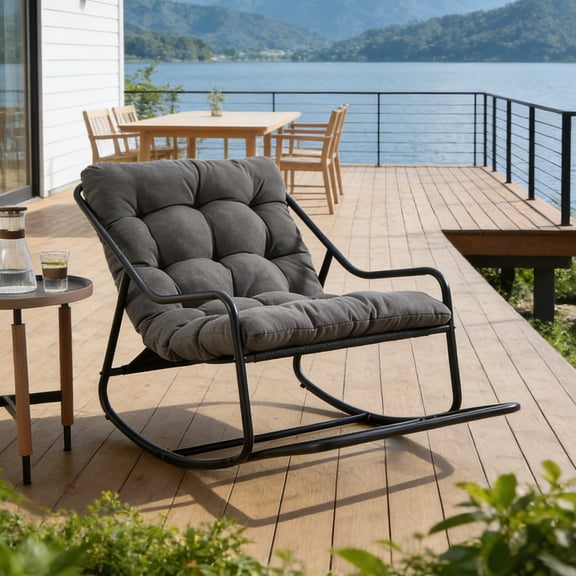 Homefun Outdoor Rocking Chair,Indoor Oversized Comfy Reading Chairs with Cushion,Patio Rocker Recliner Chair