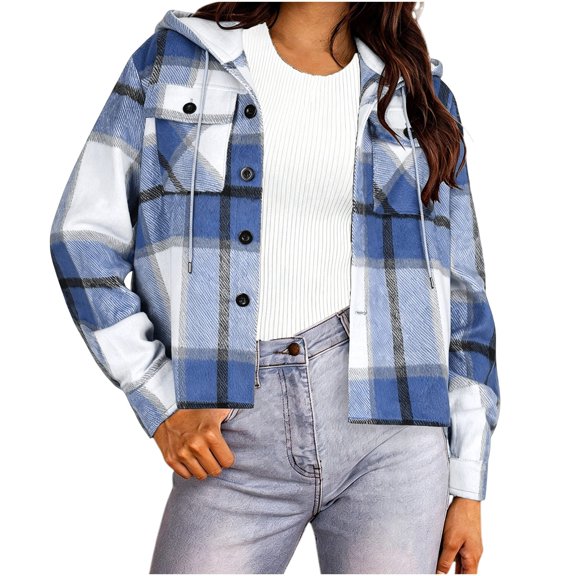 CBASIHI Womens Plaid Oversized Hooded Jacket with Pockets- Fashion Casual Fall Long Sleeve Button Down Sweatshirts Light Blue Size S-2XL