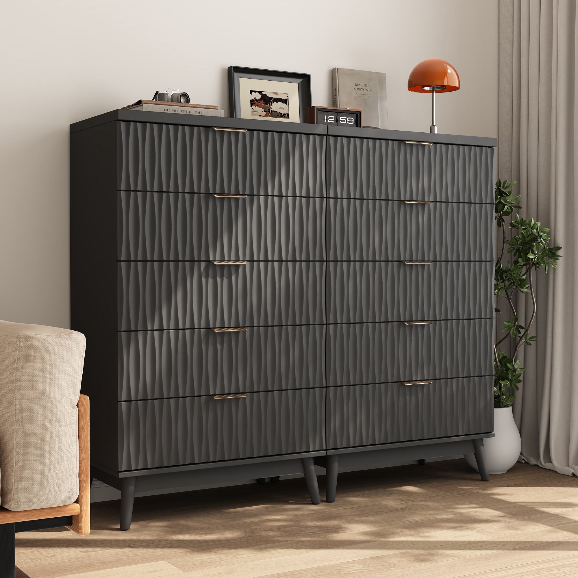 47"H Fluted 5 Drawer Dresser for Bedroom, Modern Chest of Drawers with Metal Handle, Wooden Storage Organizer for Living Room, Hallway, Black