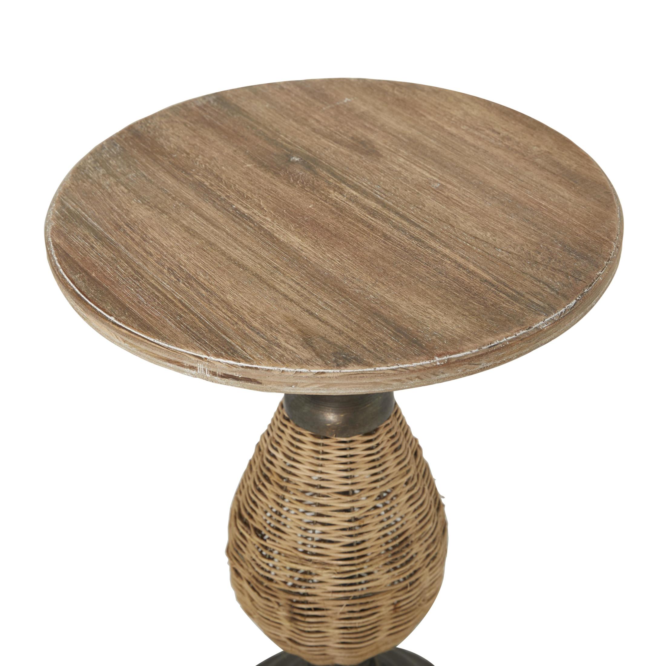 DecMode 15" x 22" Brown Wood Accent Table with Black Metal and Rattan Base, 1-Piece