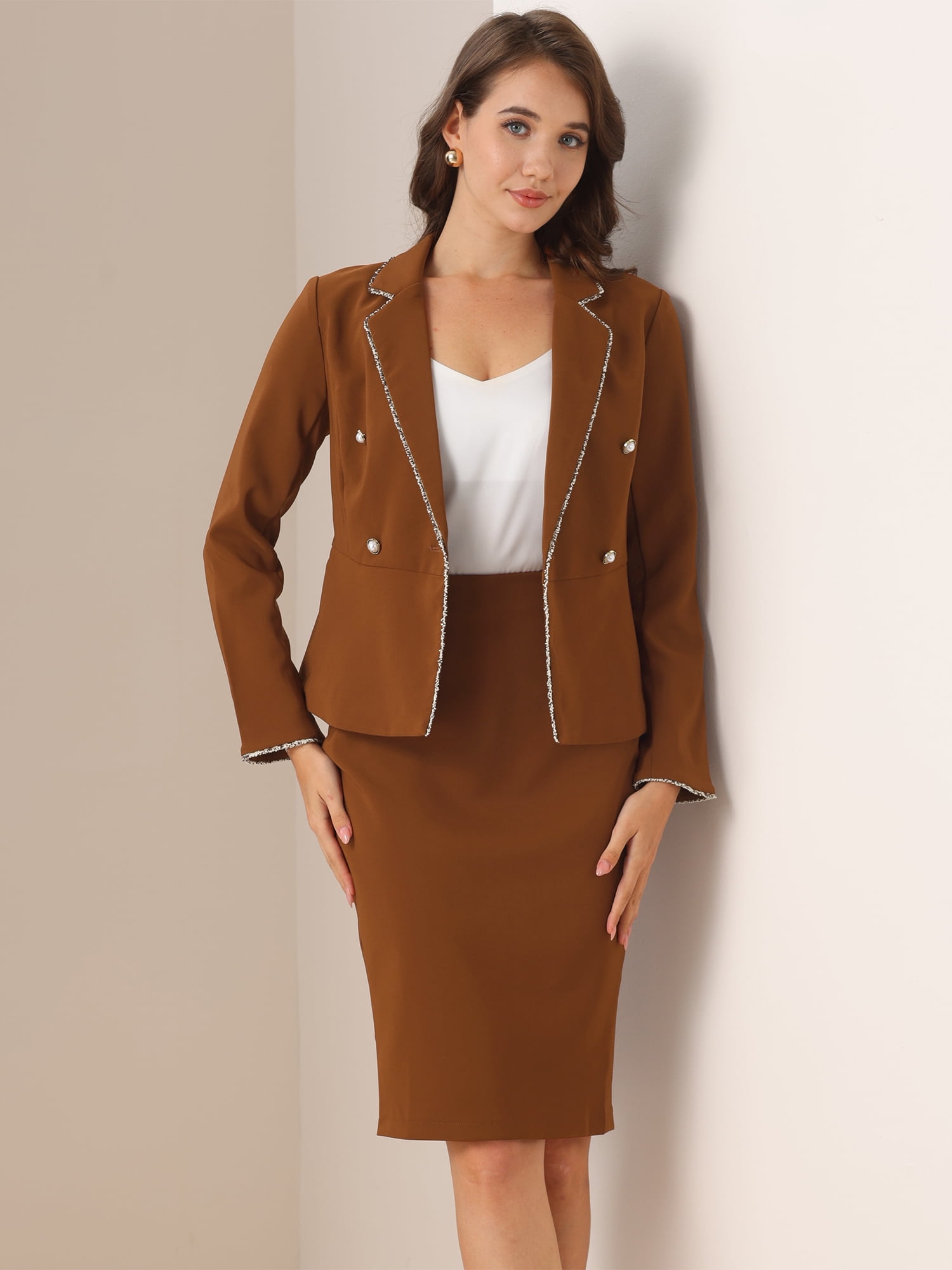 DARING DIVA Women's 2 Pcs Business Tweed Trim Blazer Skirt Outfit Sets L Dark Brown