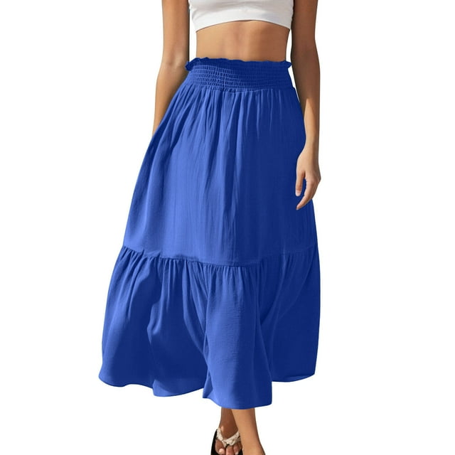 Besolor Womens Summer Casual Maxi Skirt Ruffle Elastic Waist Tiered Pleated A-Line Beach Flowy Long Skirts