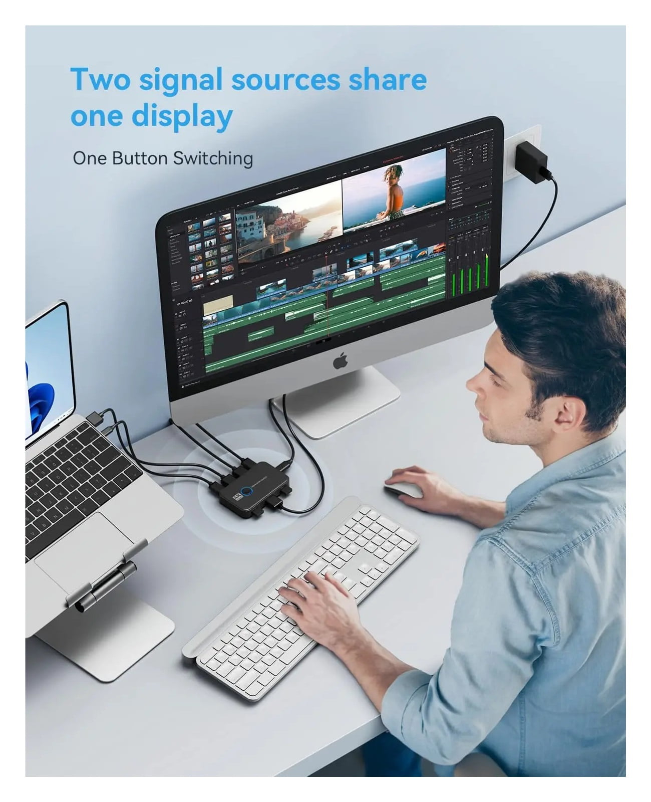 KVM Switch 2 In 1 Out For 2 Computers Sharing One HD Monitor And Keyboard Mouse, Support 4K@60Hz Between 2 PCS