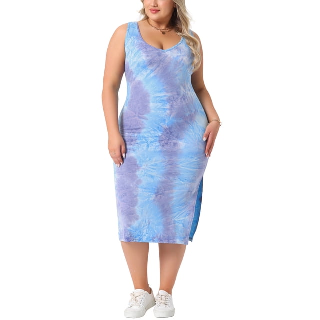 Vestido de verano sin mangas para mujer de talla grande Agnes Orinda, con diseño de teñido anudado, abertura lateral, escote en V, casual, midi, en color púrpura y azul, talla 2X