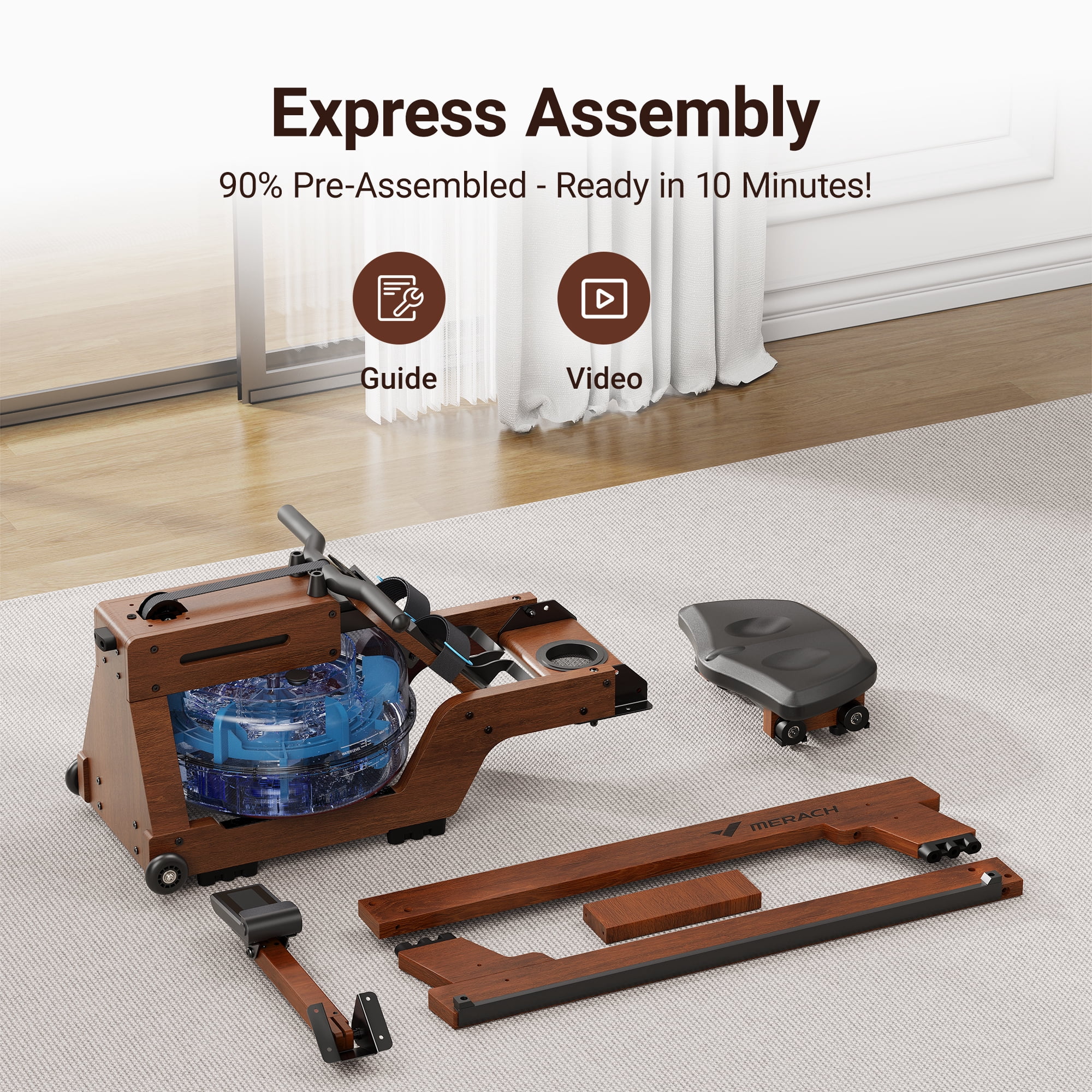 MERACH Water Rowing Machine for Home Use Solid Wood Rower with Pro Monitor,Newly Upgraded Seat Cushion,Easy Assembly, Bluetooth,APP,Max 330lb
