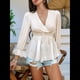 thumbnail image 4 of Blusa Cruzada con Cuello en V y Mangas Largas Abullonadas para Mujer, Camiseta Informal con Dobladillo con Volantes para y Verano. Albaricoque M, 4 of 10
