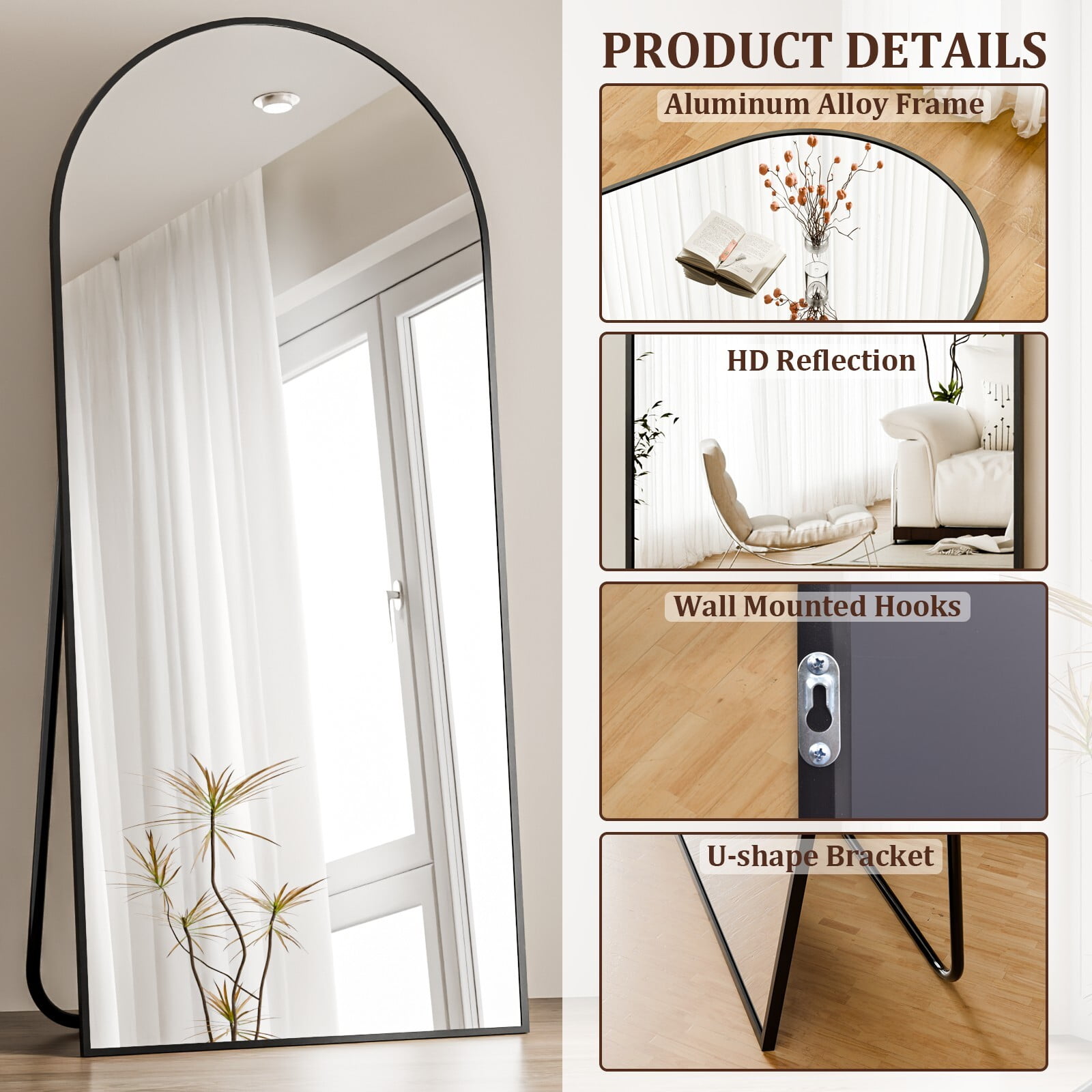 Easy4Home 76"x34" Arched Full Length Mirror Freestading Full Body Floor Mirror, Black
