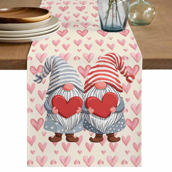 Valentine's Day Cotton Linen Table Runner for Dining Kitchen, Watercolor Heart Gnomes Couple Love Pink Wedding Outdoor Party Tablerunners, Dresser Scarf Coffee Tablecloth Runners 13x70 Inches