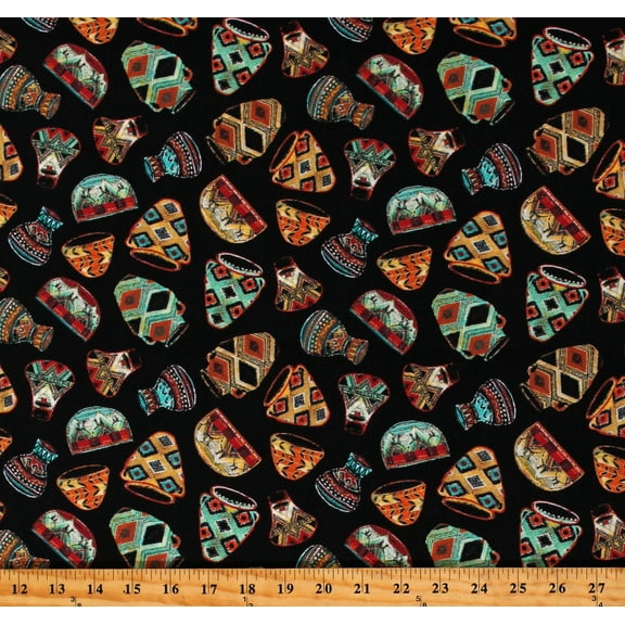 Cotton African Vases Pottery Pots Jars Bowls Tribal Black Kenta Cotton Fabric Print by the Yard (KENTA-CD1641-BLACK)