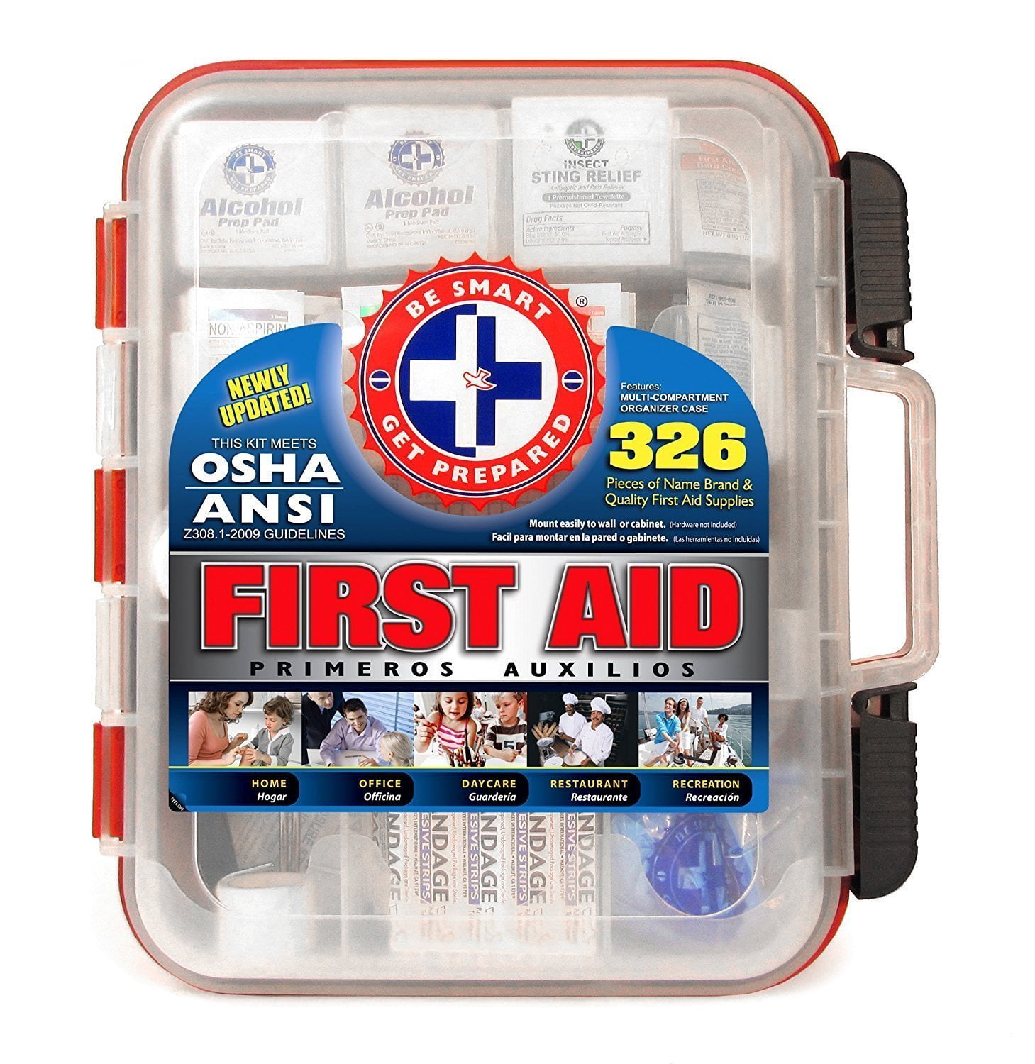 First Aid Kit Hard Red Case 326 Pieces Exceeds OSHA and ANSI Guidelines by Be Smart Get Prepared