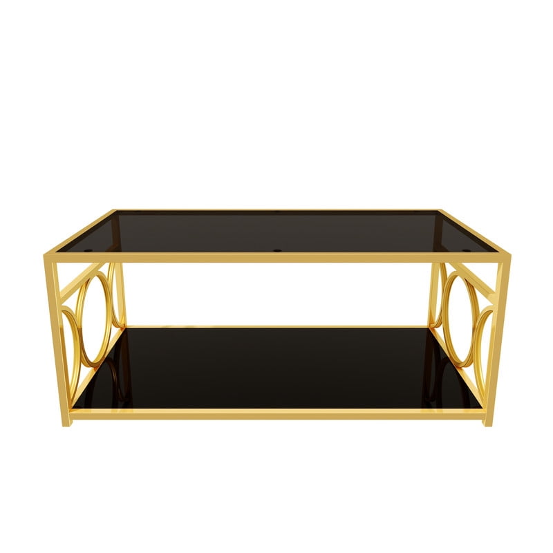 Glass Top Coffee End Table with Gold Metal Frame, Rectangular 2-Tier Storage Center Cocktail Table with Open Storage Shelf