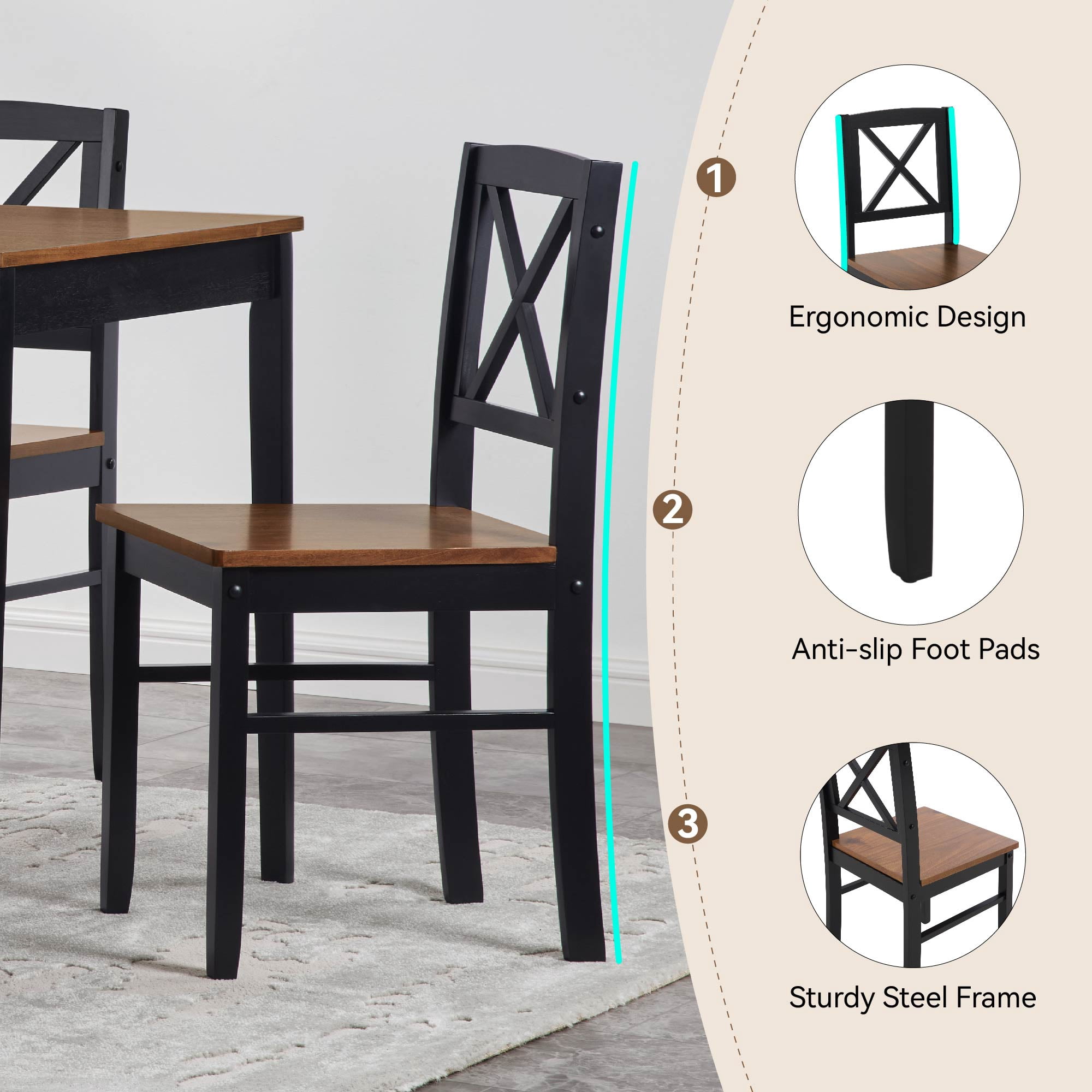 MAYEERTY Eco-Friendly Solid Wood Dining Set – Sustainable Dining Table with Black Metal Accents for Home & Restaurant,Dark Brown
