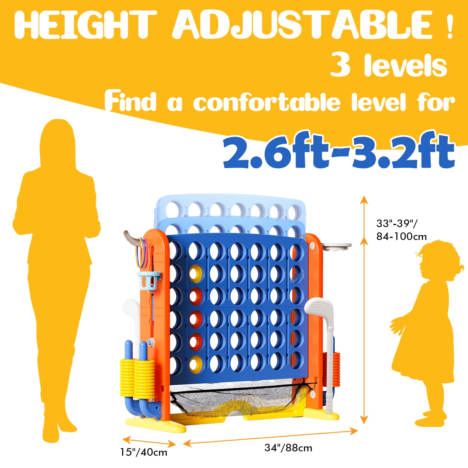 Wdmiya Jumbo 4-to-Score Giant Game Set, 4-in-a-Row Connect Game for Adults Kids Family Fun, Indoor Outdoor Adjustable Height Yard Family Game with w/ Golf Set, Basketball Hoop, Blue Red