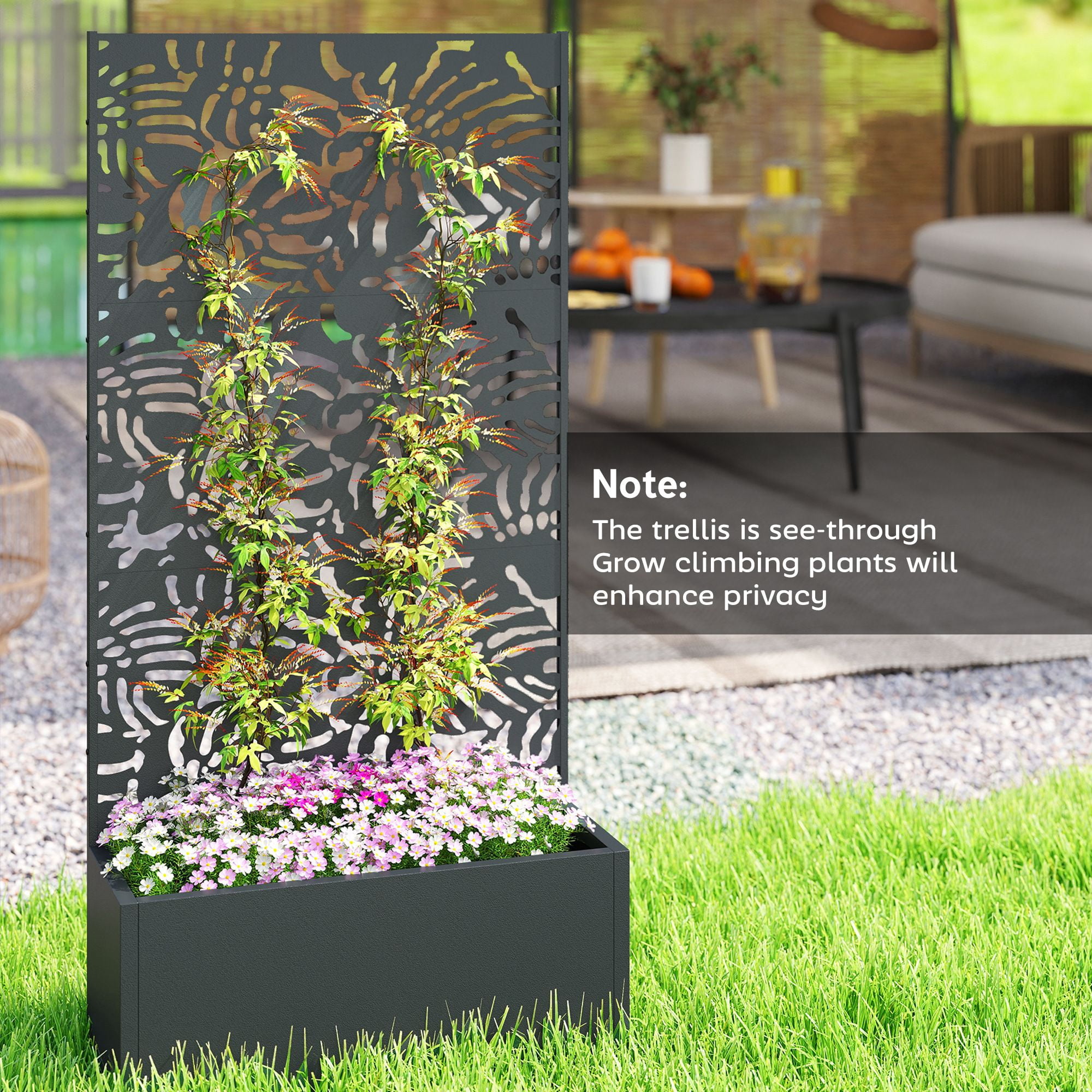 Alvantor Metal Privacy Screen with Planter Box,Freestanding Decorative Privacy Fence Screen with Trellis for Outdoor Gray