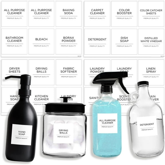 24 PCS Minimalist Laundry Room Labels, v2croft Waterproof Laundry Labels for Jars and Containers, Removable Stickers for Home Storage Organization (White)
