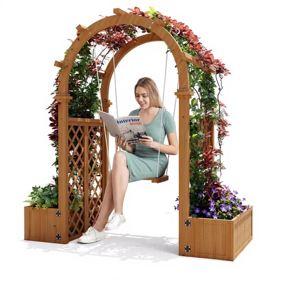 Garvee 62"W x 65"H Outdoor Arch Trellis, Wood Garden Arbor with Planter Boxes and Swing, Brown